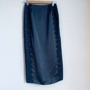Open Edit Black Lace Panel Satin Skirt with Stem-Showing Side Slit | US00 EU30